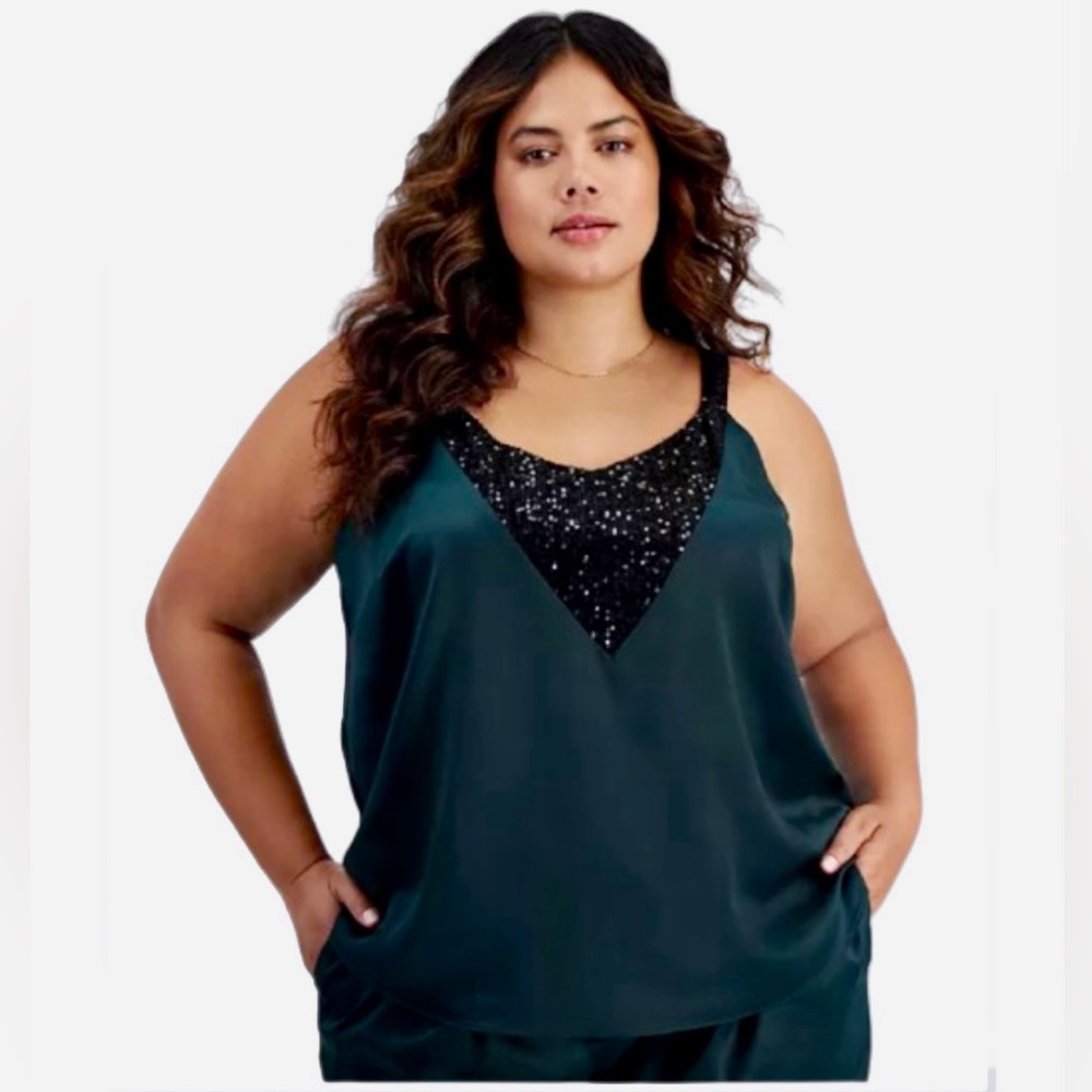 Bar III Sequined Trim Satin Top Camisole Lined Green Holiday Women’s Size 1X